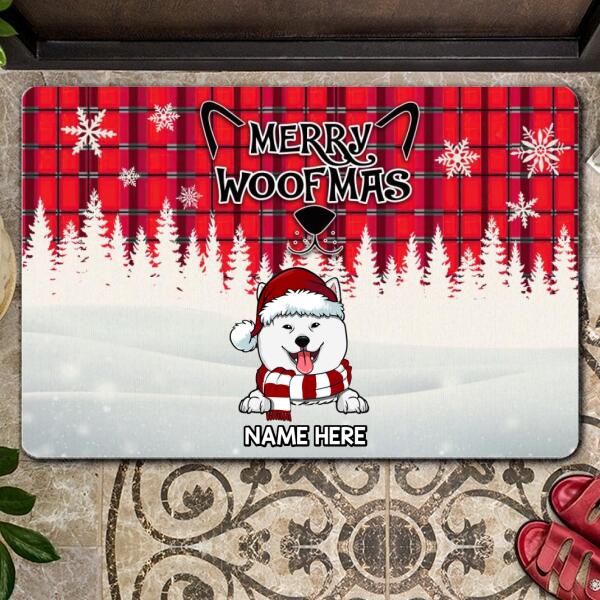 Merry Woofmas - Red Plaid White Snowflake - Personalized Dog Christmas Doormat