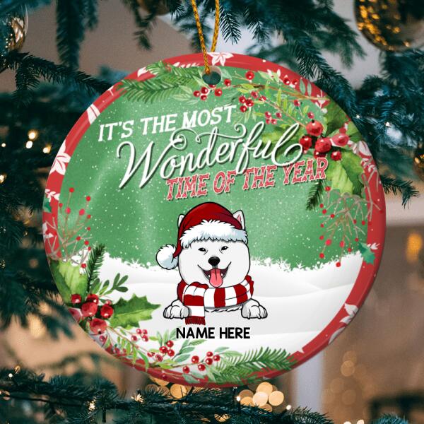 Personalised Most Wonderful Time Custom Color V2 Circle Ceramic Ornament - Personalized Dog Lovers Christmas Ornament