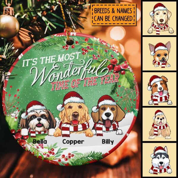 Personalised Most Wonderful Time Custom Color V2 Circle Ceramic Ornament - Personalized Dog Lovers Christmas Ornament