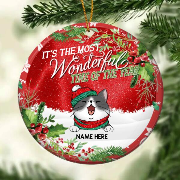 Personalised Most Wonderful Time Custom Color V1 Circle Ceramic Ornament - Personalized Cat Lovers Christmas Ornament