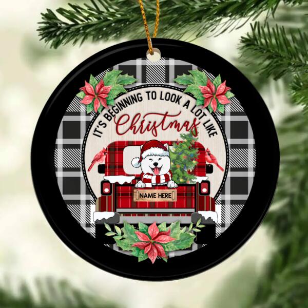 Beginning To Look A Lot Like Xmas Red Plaid Truck Circle Ceramic Ornament - Personalized Dog Lovers Christmas Ornament