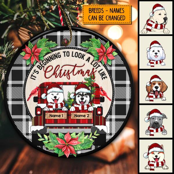 Beginning To Look A Lot Like Xmas Red Plaid Truck Circle Ceramic Ornament - Personalized Dog Lovers Christmas Ornament