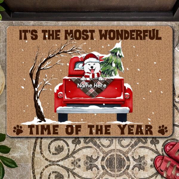 It's The Most Wonderful Time Of The Year - Red Truck Snow - Personalized Dog Christmas Doormat