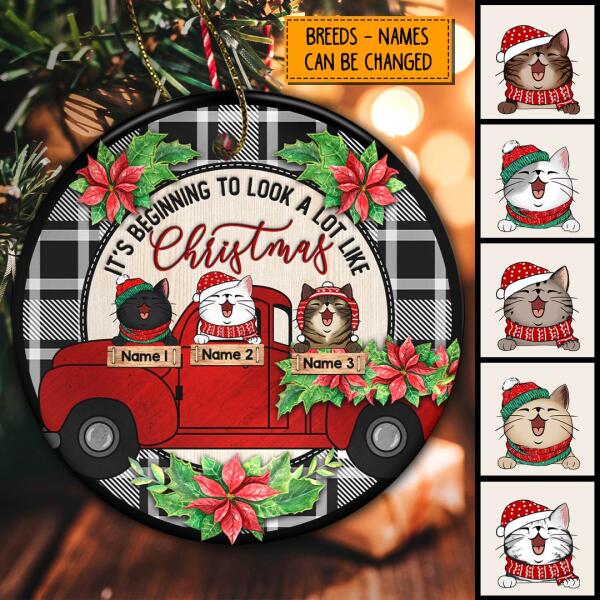 Beginning To Look A Lot Like Xmas Red Truck Circle Ceramic Ornament - Personalized Cat Decorative Christmas Ornament
