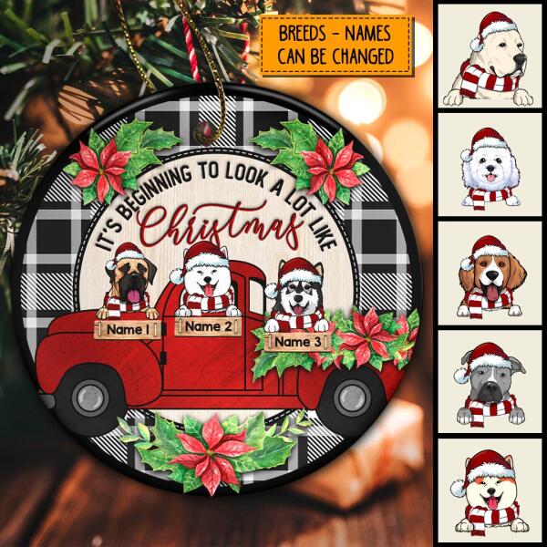Beginning To Look A Lot Like Xmas Red Truck Circle Ceramic Ornament - Personalized Dog Decorative Christmas Ornament