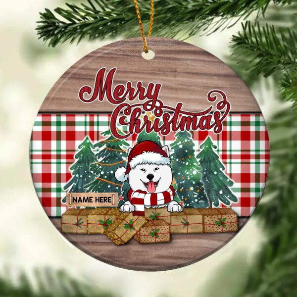 Merry Christmas Red Green Plaid & Wooden Circle Ceramic Ornament - Personalized Dog Lovers Decorative Christmas Ornament