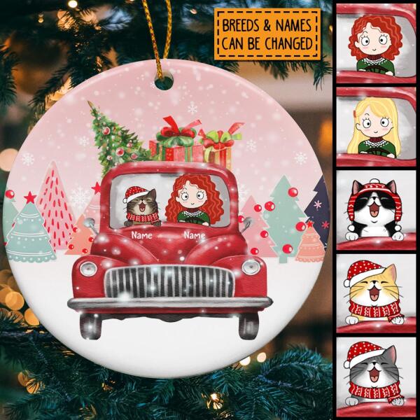 Personalised Girl & Cat On Red Truck Circle Ceramic Ornament - Personalized Cat Lovers Decorative Christmas Ornament