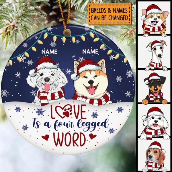 Love Is A Four Legged Word White & Navy Circle Ceramic Ornament - Personalized Dog Lovers Decorative Christmas Ornament