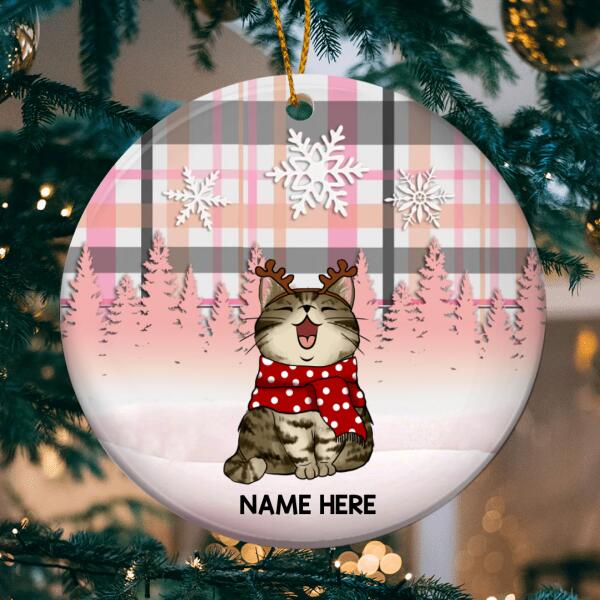 Personalised Cat In Snow Pink Plaid Circle Ceramic Ornament - Personalized Cat Lovers Decorative Christmas Ornament