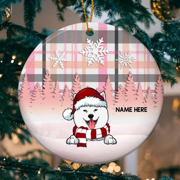 Personalised Dog In Snow Pink Plaid Circle Ceramic Ornament - Personalized Dog Lovers Decorative Christmas Ornament