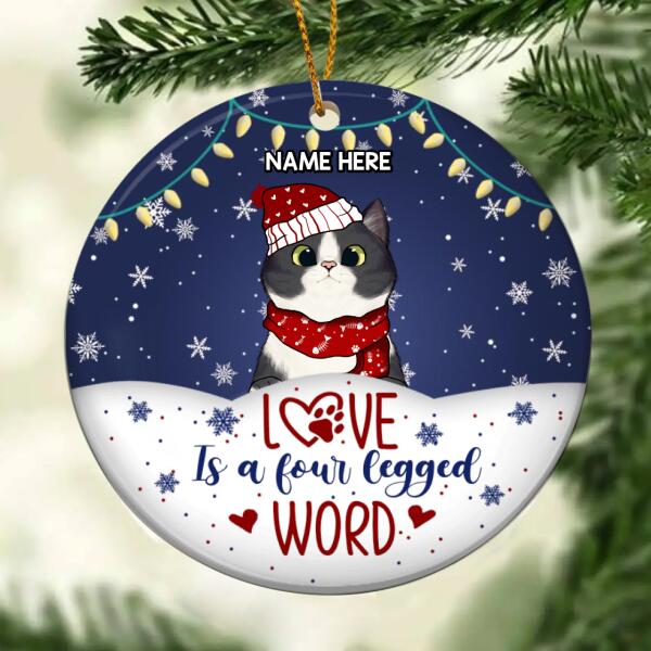 Love Is A Four Legged Word White & Navy Circle Ceramic Ornament - Personalized Cat Lovers Decorative Christmas Ornament