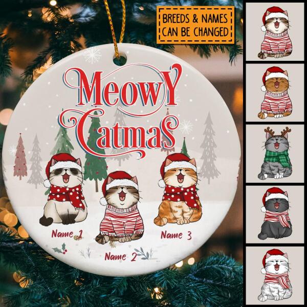 Personalised Meowy Catmas Graytone Circle Ceramic Ornament - Personalized Cat Lovers Decorative Christmas Ornament