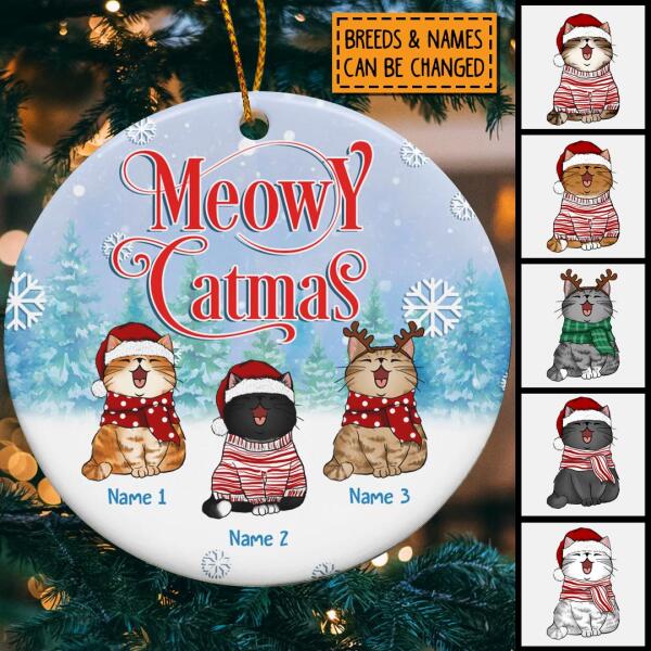 Personalised Meowy Catmas Bluetone Ver 2 Circle Ceramic Ornament - Personalized Cat Lovers Decorative Christmas Ornament