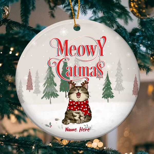 Personalised Meowy Catmas Graytone Circle Ceramic Ornament - Personalized Cat Lovers Decorative Christmas Ornament