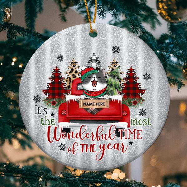 Most Wonderful Time Of The Year Silver Circle Ceramic Ornament - Personalized Cat Lovers Decorative Christmas Ornament