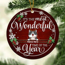 It's The Most Wonderful Time Of The Year - Burgundy Background - Personalized Cat Christmas Ornament