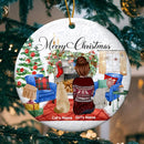 Merry Christmas - Girl And Cats Front Fireplace - Personalized Cat Christmas Ornament