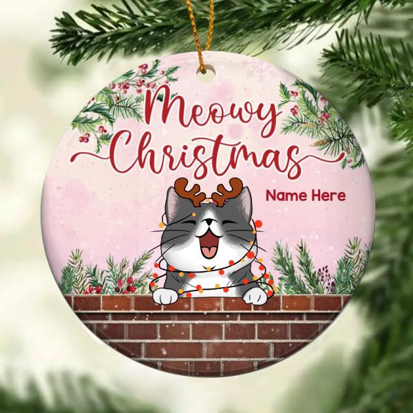 Meowy Christmas - Pink Background - Personalized Cat Christmas Ornament
