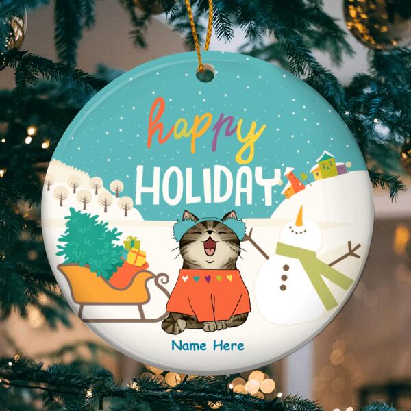Happy Holiday - Winter Cats On Snow Field - Personalized Cat Christmas Ornament