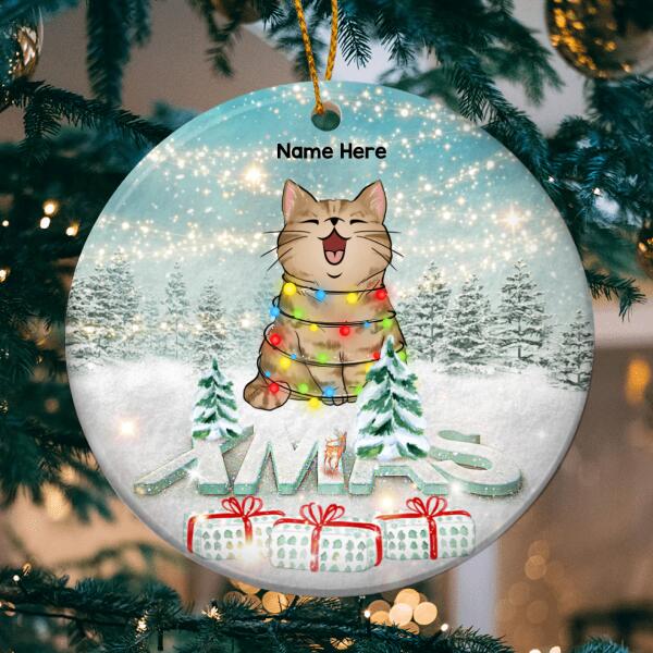Personalised Xmas White Mint Tone Circle Ceramic Ornament - Personalized Cat Lovers Decorative Christmas Ornament