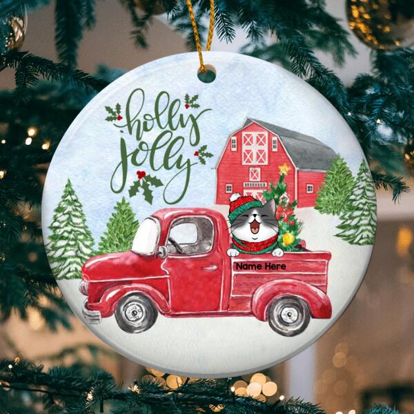 Personalised Holly Jolly Red Truck Circle Ceramic Ornament - Personalized Cat Lovers Decorative Christmas Ornament
