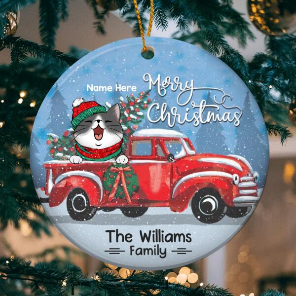 Merry Xmas From Family Red Truck Circle Ceramic Ornament - Personalized Cat Lovers Decorative Christmas Ornament