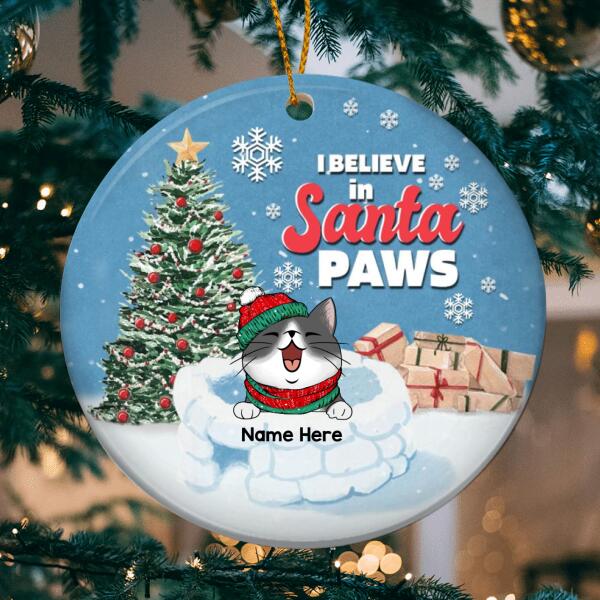 I Believe In Santa Paws White Blue Circle Ceramic Ornament - Personalized Cat Lovers Decorative Christmas Ornament