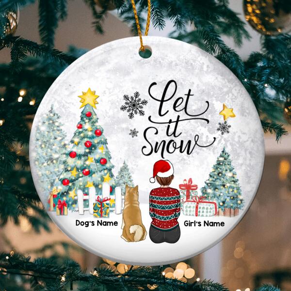 Let It Snow Girl & Dogs Circle Ceramic Ornament - Personalized Dog Lovers Decorative Christmas Ornament