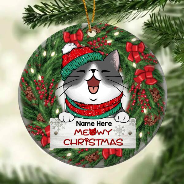Personalised Meowy Xmas Wreath Around Circle Ceramic Ornament - Personalized Cat Lovers Decorative Christmas Ornament