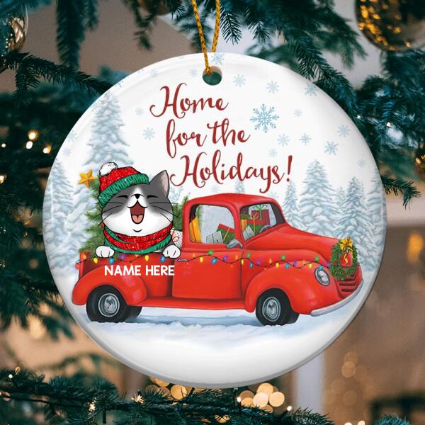 Home For The Holidays Red Truck Circle Ceramic Ornament - Personalized Cat Lovers Decorative Christmas Ornament