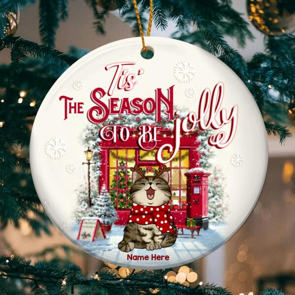 Tis The Season To Be Jolly Red Store Circle Ceramic Ornament - Personalized Cat Lovers Decorative Christmas Ornament