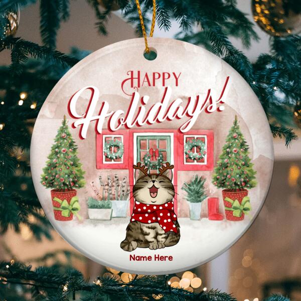 Personalised Happy Holidays Nudetone Circle Ceramic Ornament - Personalized Cat Lovers Decorative Christmas Ornament