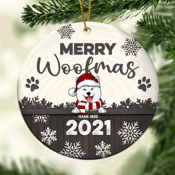 Merry Woofmas Brown Wooden Circle Ceramic Ornament - Personalized Dog Lovers Decorative Christmas Ornament