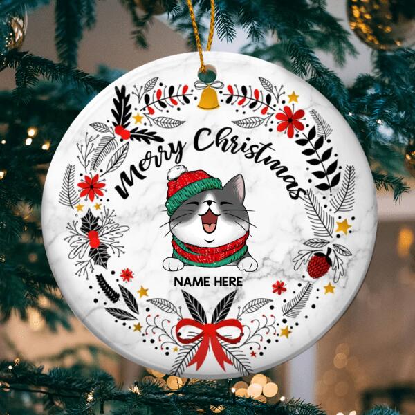 Personalised Merry Xmas White Marble Circle Ceramic Ornament - Personalized Cat Lovers Decorative Christmas Ornament