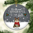Most Wonderful Time Grey Wooden Circle Ceramic Ornament - Personalized Cat Lovers Decorative Christmas Ornament