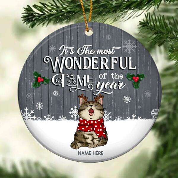 Most Wonderful Time Grey Wooden Circle Ceramic Ornament - Personalized Cat Lovers Decorative Christmas Ornament