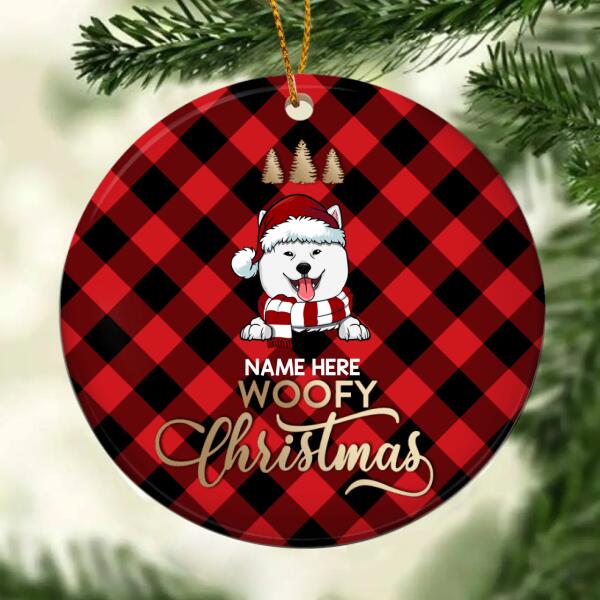 Woofy Christmas Red Plaid Background Circle Ceramic Ornament - Personalized Dog Lovers Decorative Christmas Ornament