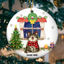 Xmas Cats Front Window At Night Circle Ceramic Ornament - Personalized Cat Lovers Decorative Christmas Ornament