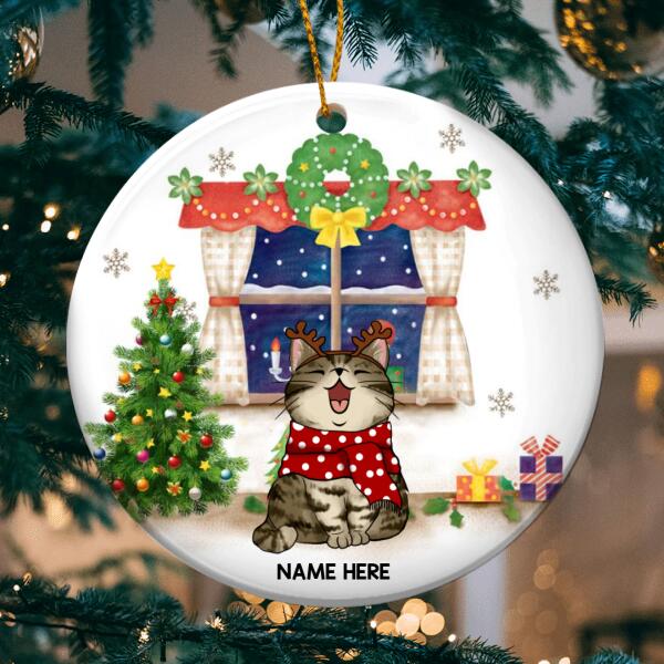 Xmas Cats Front Window At Night Circle Ceramic Ornament - Personalized Cat Lovers Decorative Christmas Ornament