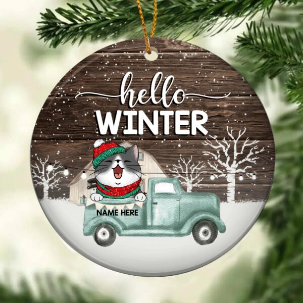 Hello Winter Mint Truck Brown Wooden Circle Ceramic Ornament - Personalized Cat Lovers Decorative Christmas Ornament
