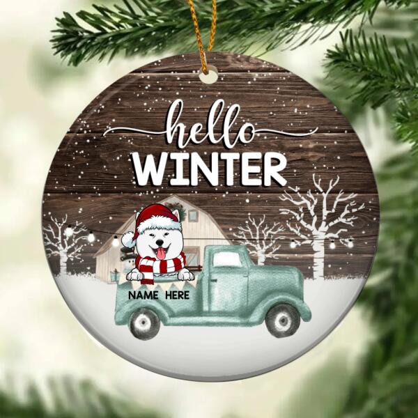 Hello Winter Mint Truck Brown Wooden Circle Ceramic Ornament - Personalized Dog Lovers Decorative Christmas Ornament