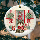 Personalised Xmas Green Door Red Windows Circle Ceramic Ornament - Personalized Cat Lovers Decorative Christmas Ornament