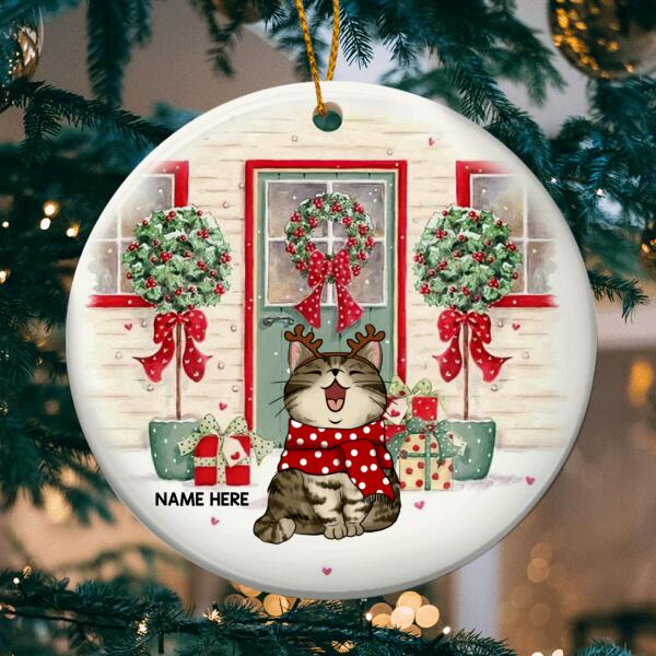 Personalised Xmas Green Door Red Windows Circle Ceramic Ornament - Personalized Cat Lovers Decorative Christmas Ornament