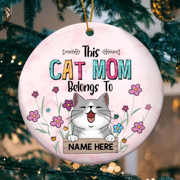 This Cat Mom Belongs To Purple Flowers Circle Ceramic Ornament - Personalized Cat Lovers Decorative Christmas Ornament