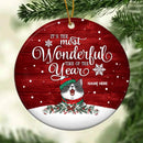 Most Wonderful Time Burgundy Wooden Circle Ceramic Ornament - Personalized Cat Lovers Decorative Christmas Ornament