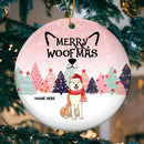 Personalised Merry Woofmas Pinktone Circle Ceramic Ornament - Personalized Dog Lovers Decorative Christmas Ornament