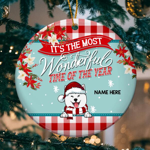 Most Wonderful Time Of The Year Red Plaid Circle Ceramic Ornament - Personalized Dog Decorative Christmas Ornament