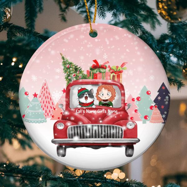 Personalised Girl & Cat On Red Truck Circle Ceramic Ornament - Personalized Cat Lovers Decorative Christmas Ornament