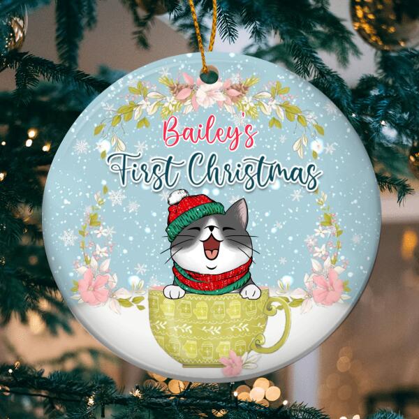 First Christmas Cat In Cup Floral Circle Ceramic Ornament - Personalized Cat Lovers Decorative Christmas Ornament