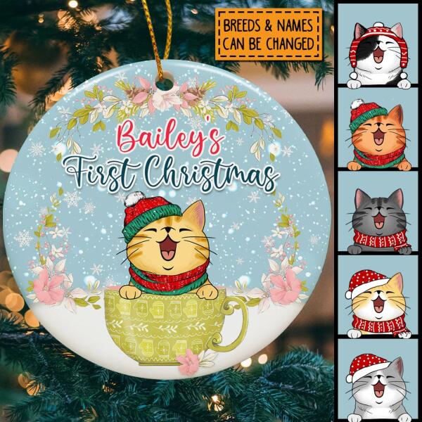 First Christmas Cat In Cup Floral Circle Ceramic Ornament - Personalized Cat Lovers Decorative Christmas Ornament